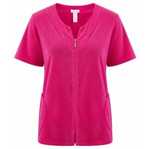 VTG Jasmine Rose Loungewear Women 2X Zip Front Pink Fleece Short Sleeve Robe Top